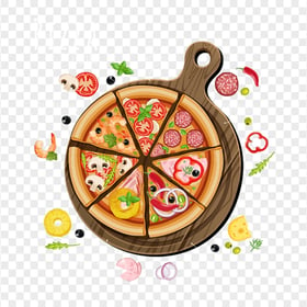 Delicious Pizza Slices On Wood Plate Vector Illustration
