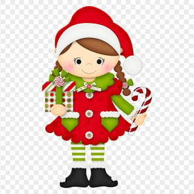 Cartoon Girl Elf Holding Candy Cane And Gif Box PNG