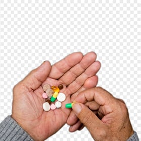 Old Man Hand Holding Medicine Pill Capsules