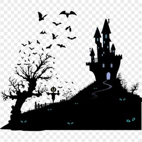 HD Halloween Silhouette Of Spooky Castle With Bats Tree PNG