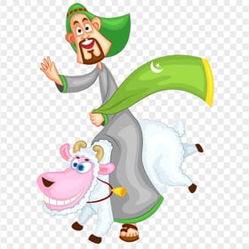 Happy Muslim Person With Smiling Cartoon Sheep