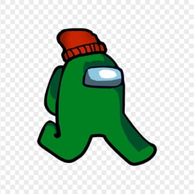 HD Green Among Us Character Walking With Red Beanie Hat PNG