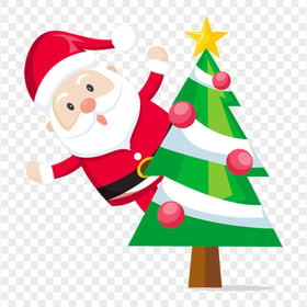 HD PNG Vector Cartoon Santa Behind Christmas Tree