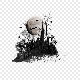 HD Halloween Dark Night Castle Trees Flying Bats And Moon PNG