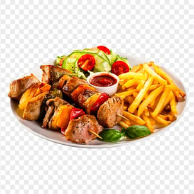 Shish Kebab French Fries Plate PNG Image