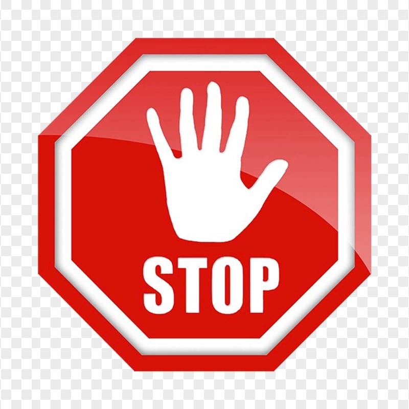 White Hand Stop Silhouette On Red Stop Road Sign PNG