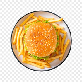 Top View Burger With Fries  On Plate HD PNG
