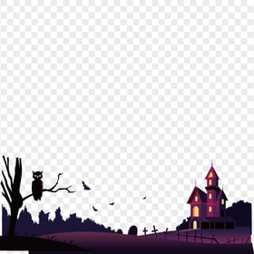 HD Halloween Cartoon Horror House With Owl On Tree Branch PNG