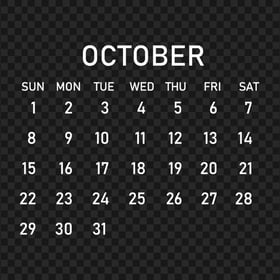 2023 October White Calendar PNG