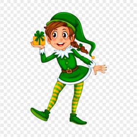 Cartoon Girl Wearing Elf Holding Small Gift Box PNG