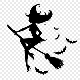 HD Witch Flying On A Broom Surrounded By Bats Silhouette PNG