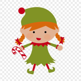 Clipart Cartoon Elf Girl Holding Candy Cane PNG
