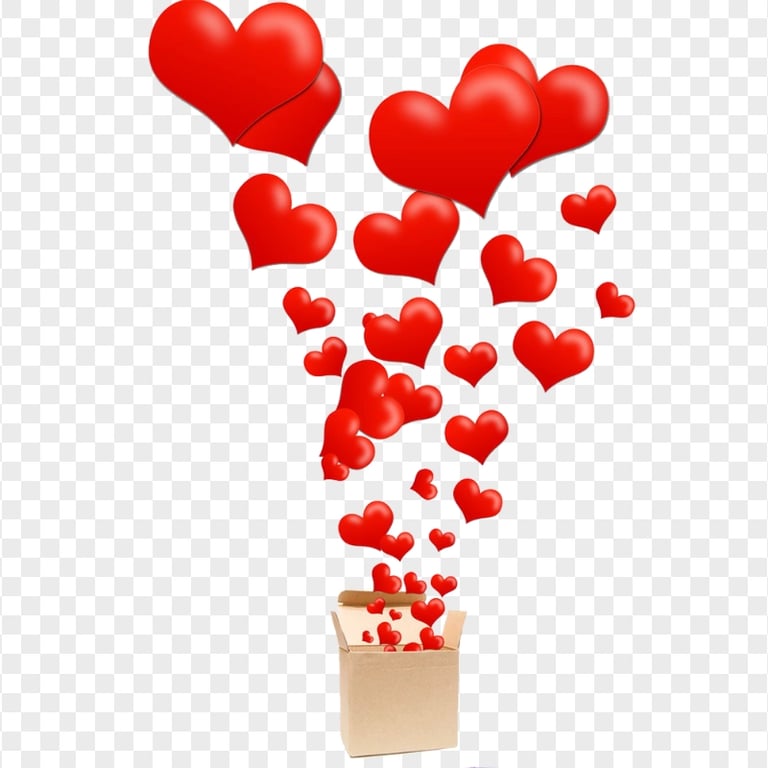 HD Red Hearts Flying Out From Cardboard Box PNG