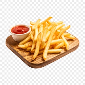 HD French Fries With Ketchup on Wood Plate Transparent PNG