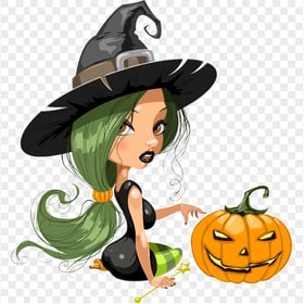 HD Cartoon Halloween Witch Sitting With Pumpkin Illustration PNG