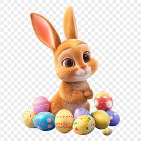 Cartoon Ginger Bunny with Easter Eggs HD PNG