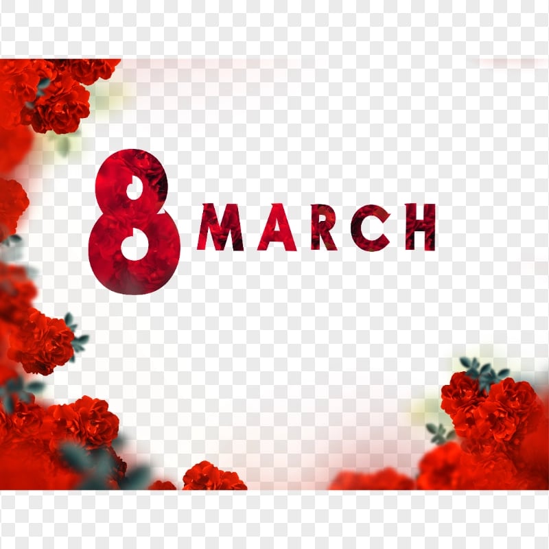 Women's Day 8 March Text Red Flowers FREE PNG
