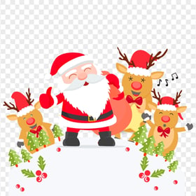 Cartoon Happy Santa With Reindeers Snowy Scene PNG