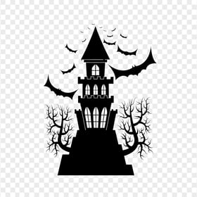 HD Black Halloween Castle Silhouette With Flying Bats & Tree PNG