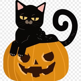 Black Cat Sitting On Smiling Pumpkin Halloween Cartoon