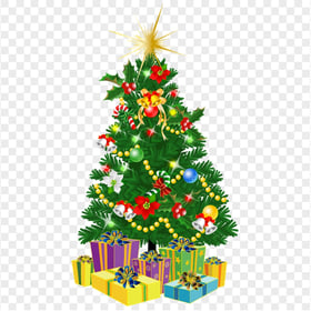 HD Decorated Cartoon Christmas Tree With Ornaments Gifts & Bells PNG