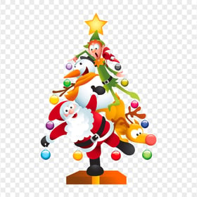 Cartoon Santa Elf And Penguin Christmas Tree PNG