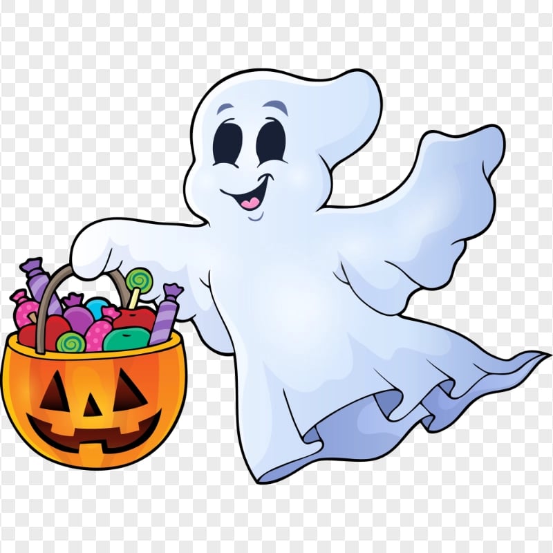 PNG Cartoon Cute Halloween Ghost Holding Pumpkin Candy