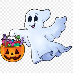 PNG Cartoon Cute Halloween Ghost Holding Pumpkin Candy