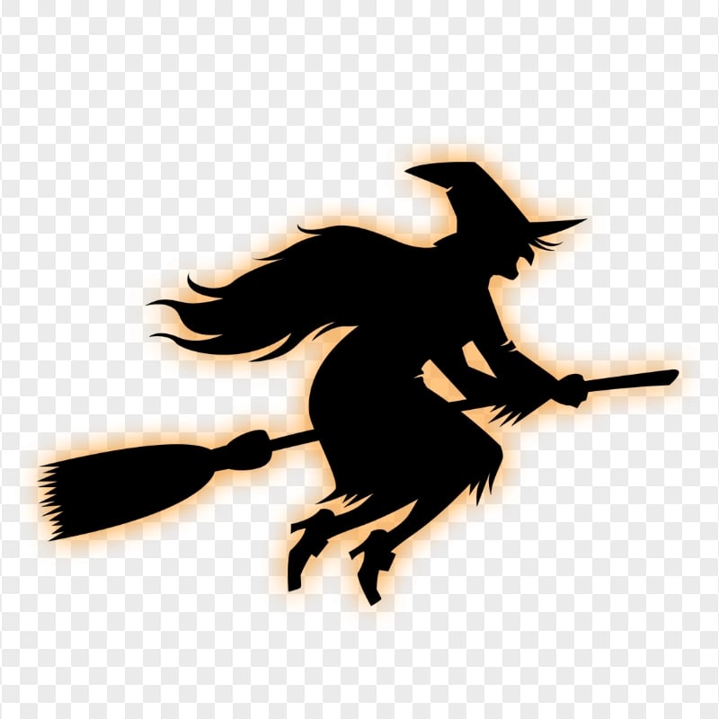 HD Black & Orange Witch Flying On A Broom Silhouette PNG