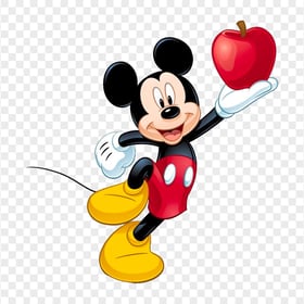 Mickey Mouse Holding a Red Apple PNG Image