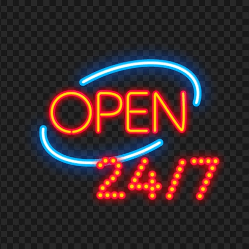 HD Open 24/7 Bulbs Neon Sign PNG | Citypng