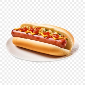 HD Tasty Hotdog with Ketchup and Cheese on Dish PNG