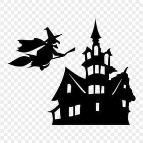 HD Witch Flying On A Broom & Scary House Silhouette PNG