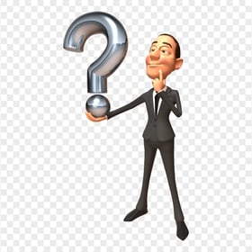 Cartoon Man In Black Suit Holding Silver Question Mark