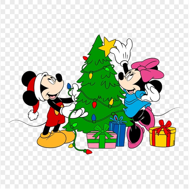 Mickey And Minnie With Gift Boxes Christmas Tree PNG