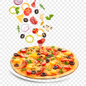 Delicious Pizza Falling ingredients With Mushroom PNG Image