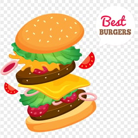 Cartoon Illustration Double Cheeseburger Floating Ingredients PNG Image