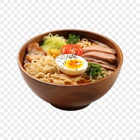Asian Ramen Soup with Egg Herbs on a Wooden Bowl HD PNG
