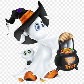 Cartoon Illustration Ghost Hold Candy Cauldron PNG