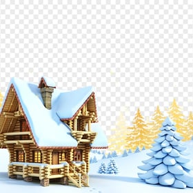 3D Snowy Scene House With Christmas Tree HD PNG