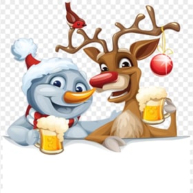 Reindeer & Snowman Cartoon Character Drinking Beer