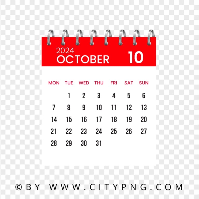 Vector Calendar Page for October 2024 HD Transparent PNG