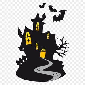 HD Halloween Black Silhouettes Of Scary Castle With Bats PNG