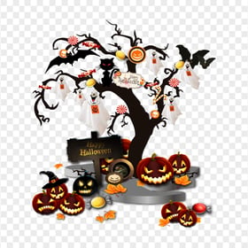 Happy Halloween Ghost Pumpkins Tree Illustration PNG Image