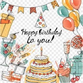 HD Happy Birthday Greeting Line Art Colorful PNG