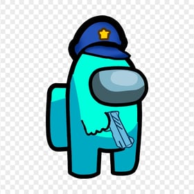 HD Cyan Among Us Crewmate Character With Police Hat Hand Gun PNG