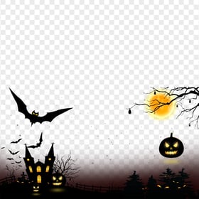 Spooky Halloween Pumpkins Castle Moon Tree Illustration PNG