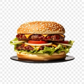 Tasty Double Hamburger on a Black Ceramic Plate HD PNG