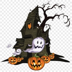 Ghosts, Pumpkins, Scary Tree And House Halloween