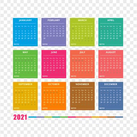 HD 2021 Beautiful Colorful Calendar With Notes Section Clipart PNG